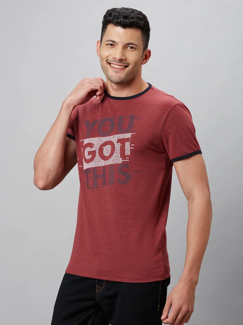 globus Globus Men Maroon Printed Round Neck Cotton Regular Fit Casual T-shirt